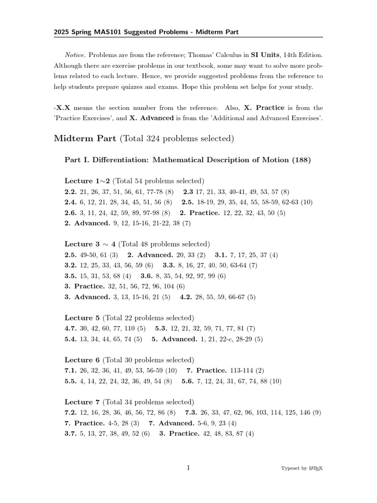 MAS101 Midterm Problem Set 2025 | PDF