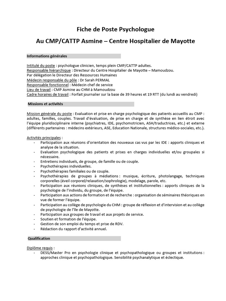 Fiche de Poste Psychologue CMP/CATTP | PDF | Psychothérapie | Psychologie