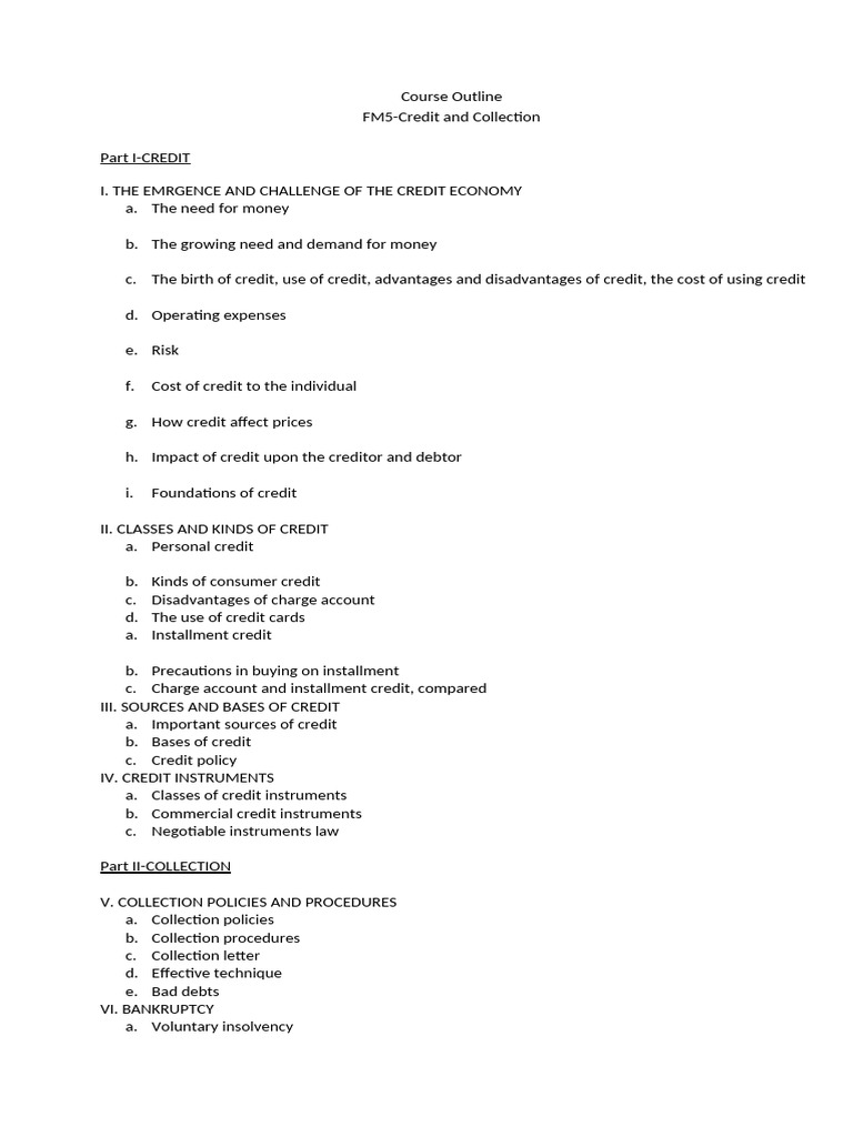 Credit and Collection Course Outline | PDF | Credit | Finance & Money ...