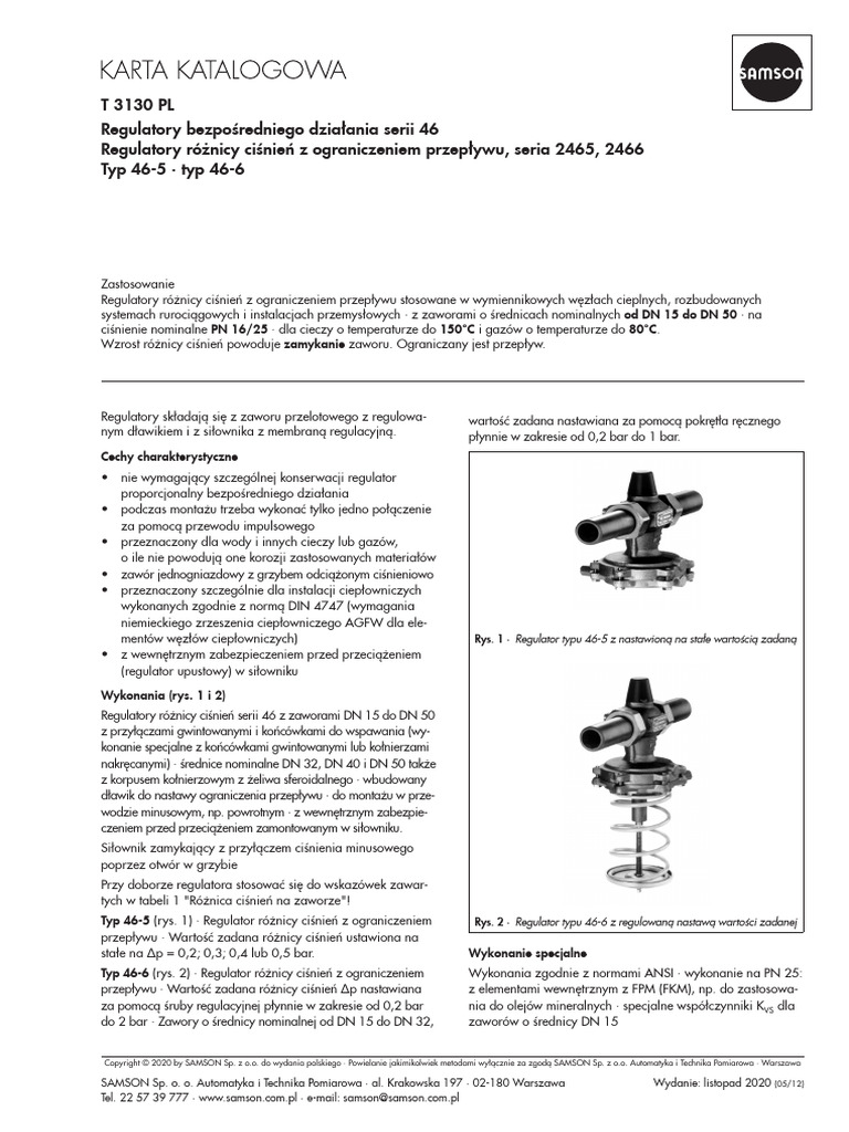 Regulatory Bezpośredniego Działania Serii 46 Regulatory Różnicy Ciśnień ...