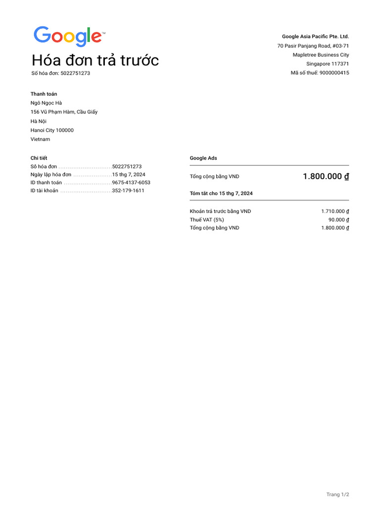 Hóa đơn trả trước: Google Asia Pacific Pte. Ltd | PDF