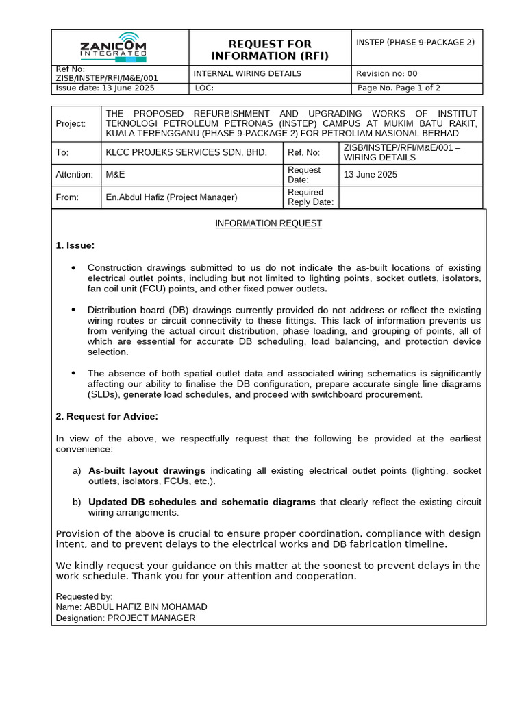 RFI for Electrical Wiring Details INSTEP | PDF | Electrical Engineering ...