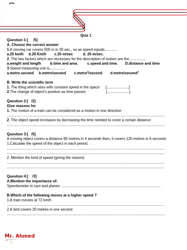 Ahmed Quizes Unit PDF Acceleration Speed