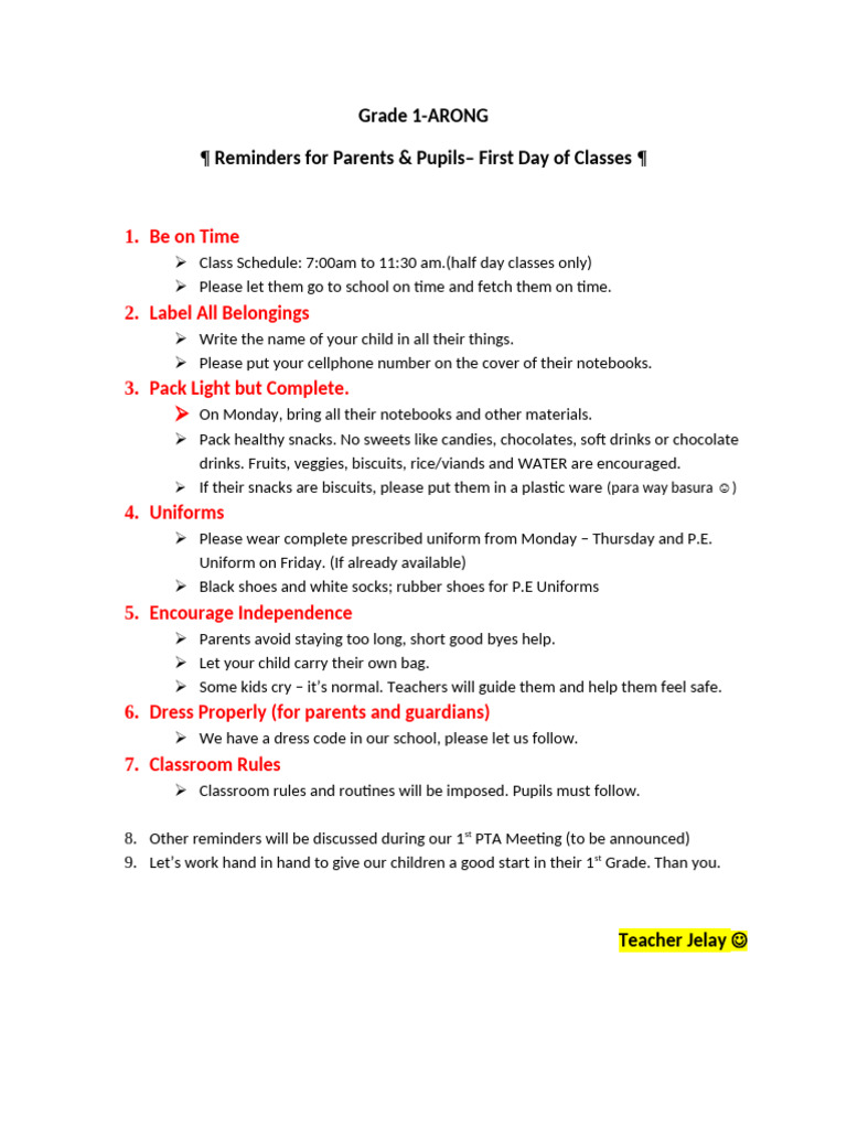 Reminders For 1st Day of School | PDF