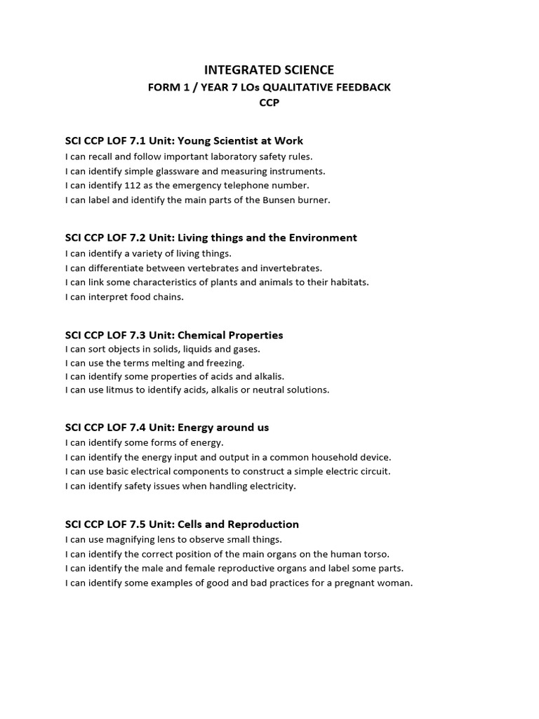 Year 7 Integrated Science Learning Outcomes | PDF