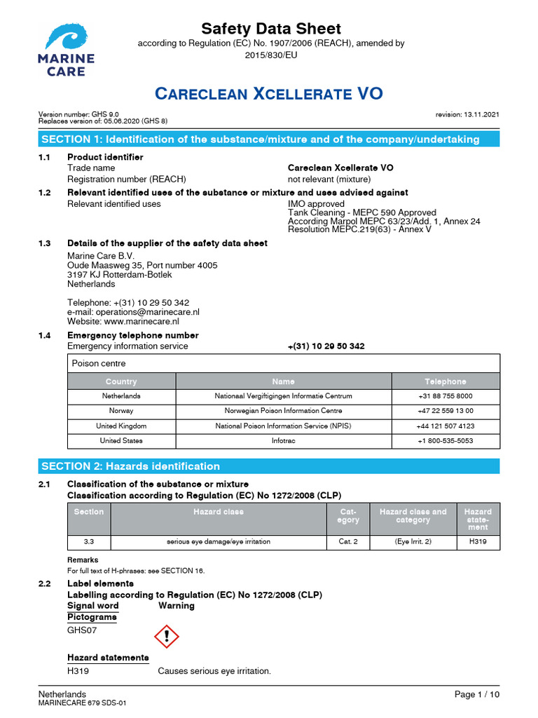 Careclean Xcellerate VO Safety Data Sheet | PDF | Dangerous Goods ...