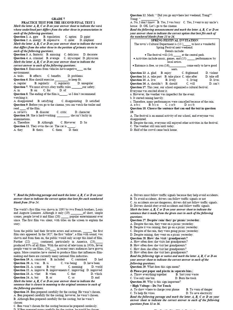Grade 7 Final Test Practice Questions | PDF