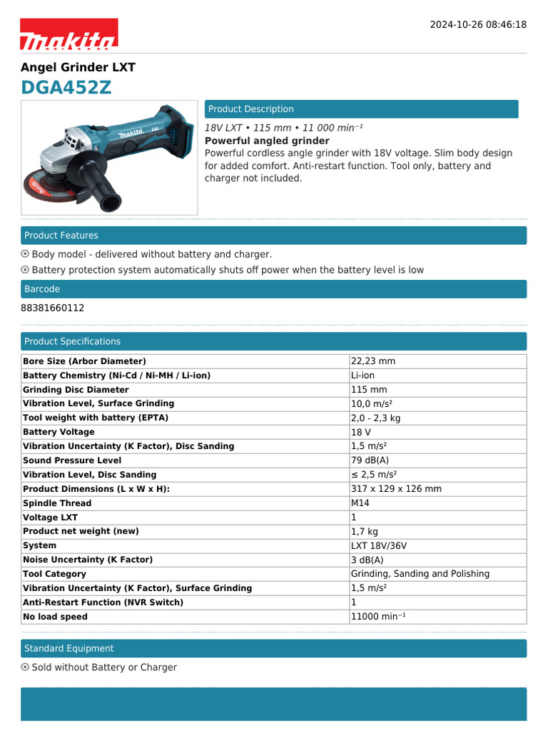 Angel Grinder LXT - DGA452Z | PDF