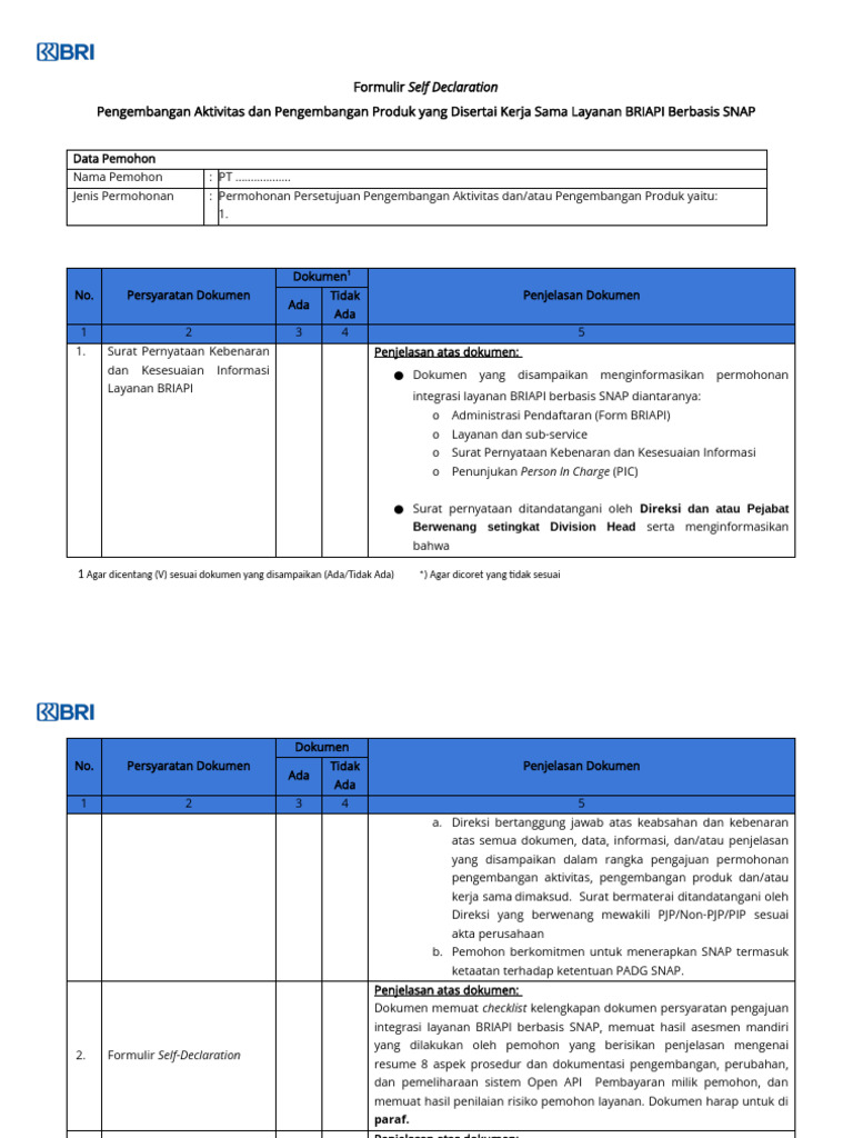 Formulir Self Declaration BRIAPI SNAP | PDF