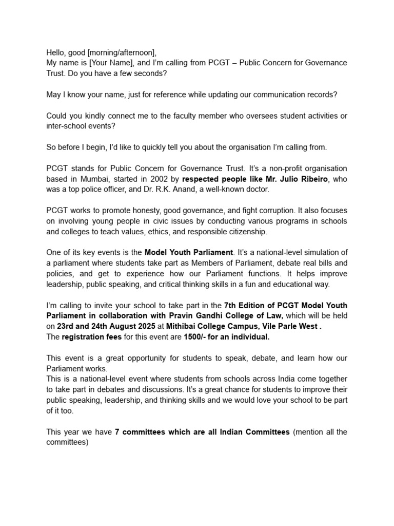 Invitation to PCGT Model Youth Parliament | PDF | Government