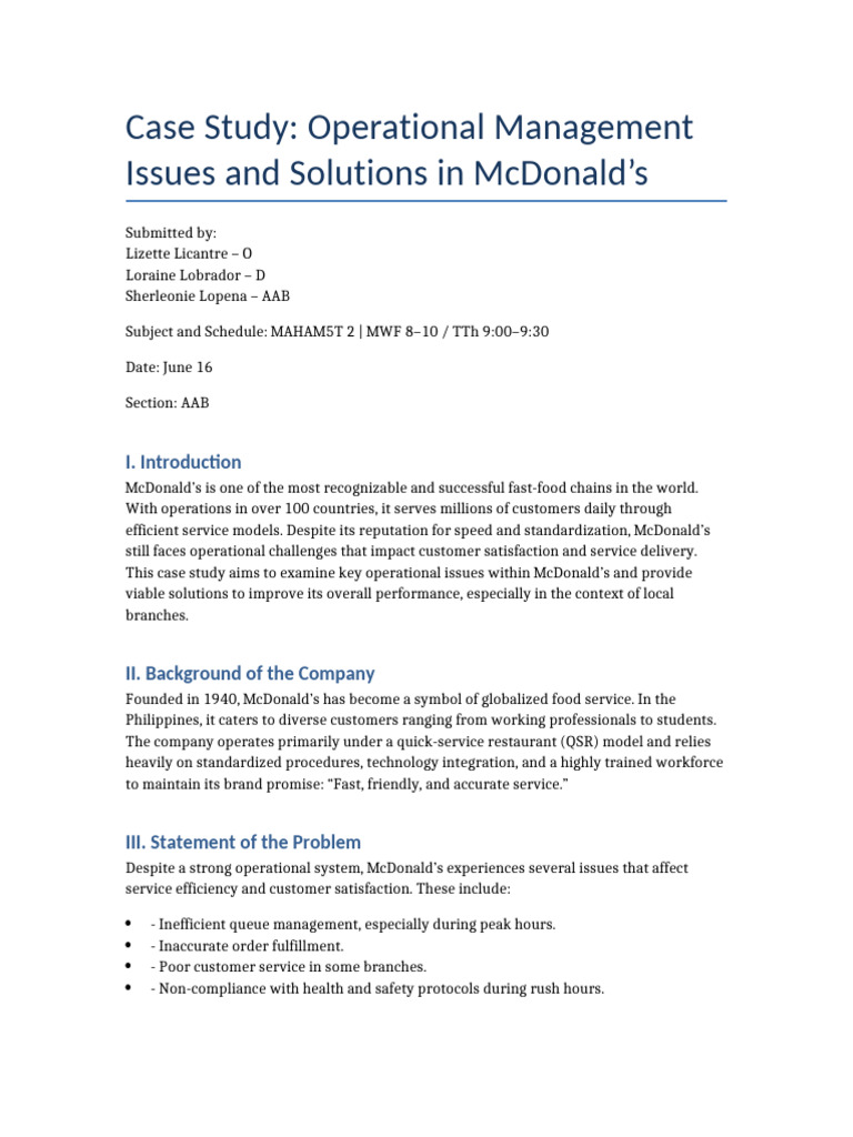 McDonald's Operational Management Solutions | PDF | Corporate Social ...