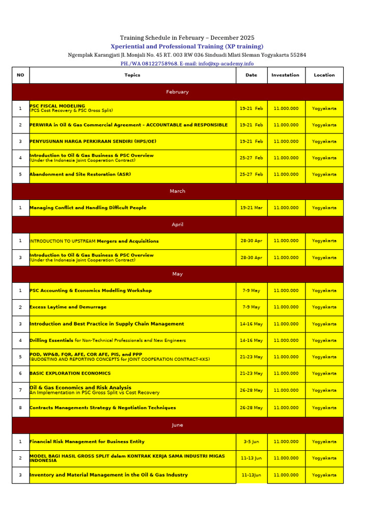 XP Training Schedule 2025 | PDF | Business | Economies