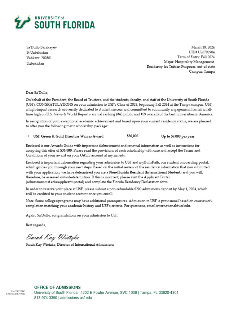 USF Acceptance | PDF | Higher Education | Educational Stages