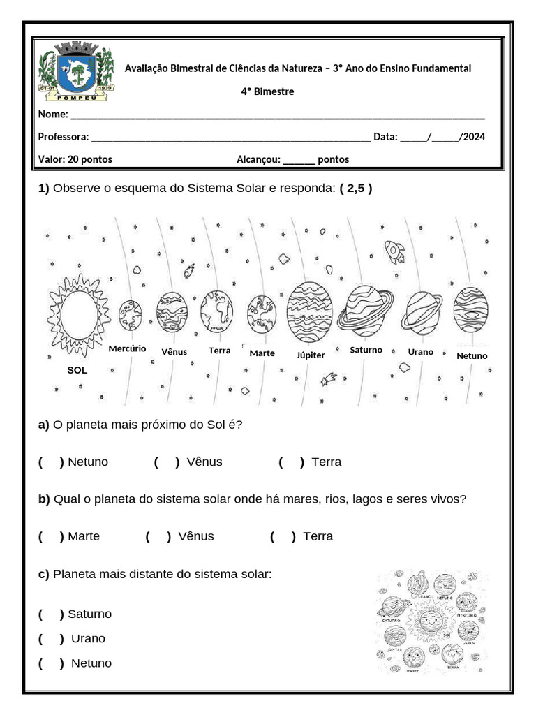 Avaliação de Ciencias | PDF | Planetas | Sistema Solar