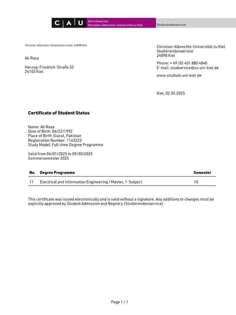 Student Status Certificate - Ali Raza | PDF