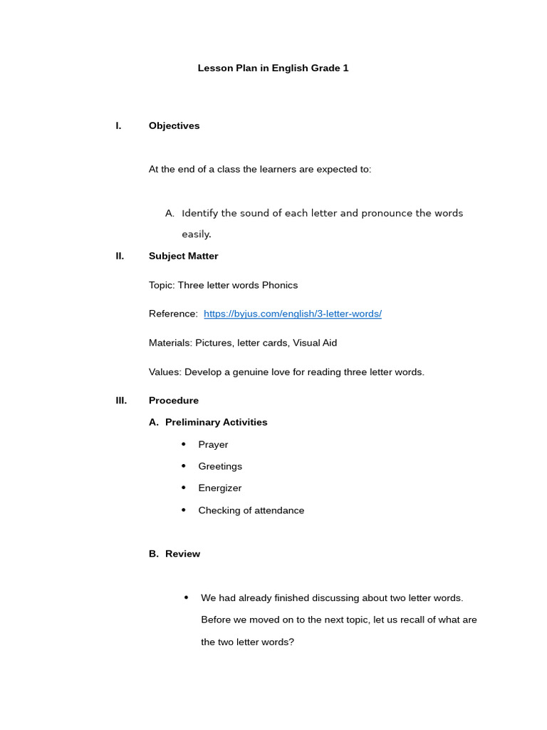 Grade 1 Phonics Lesson Plan 3 Letter Words Pdf