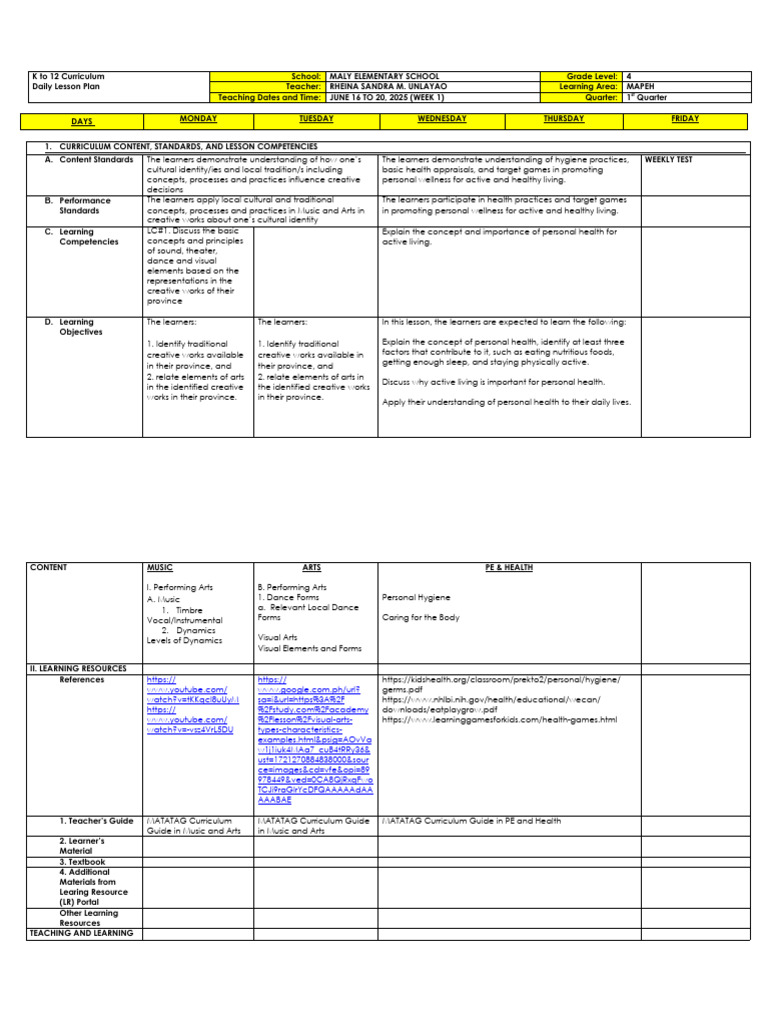 Matatag DLL Week 1 Mapeh g4 | PDF | Curriculum | Hygiene