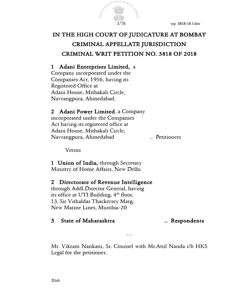 Bombay High Court Judgement On DRI-Adani | PDF | Criminal Procedure In ...