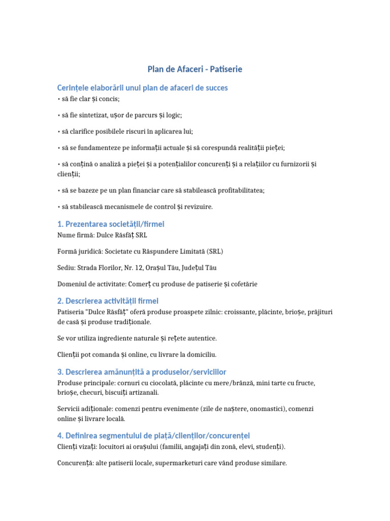 Plan de Afaceri Patiserie Actualizat | PDF