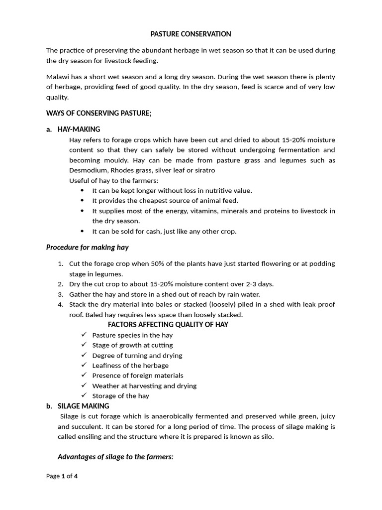 Methods for Pasture Conservation | PDF | Hay | Agriculture