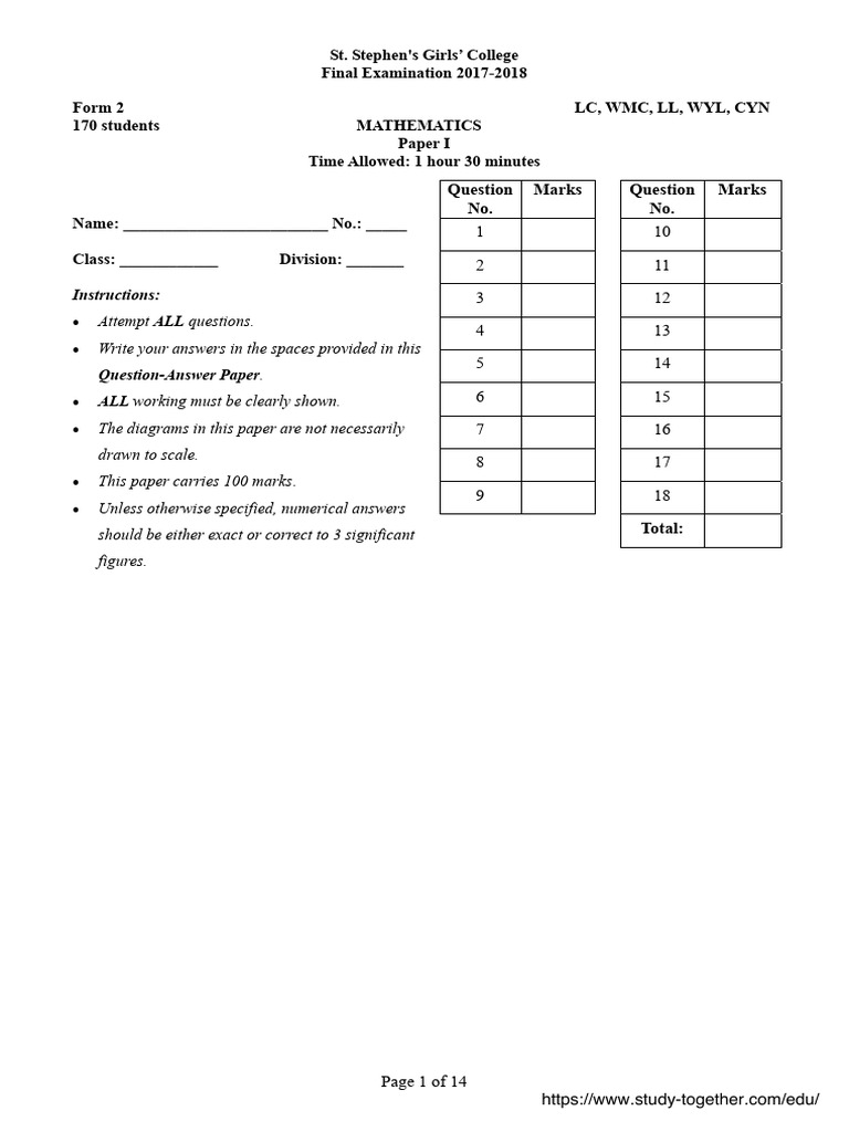 F.2 Mathematics Final Exam 2017-2018 | PDF | Area | Geometry