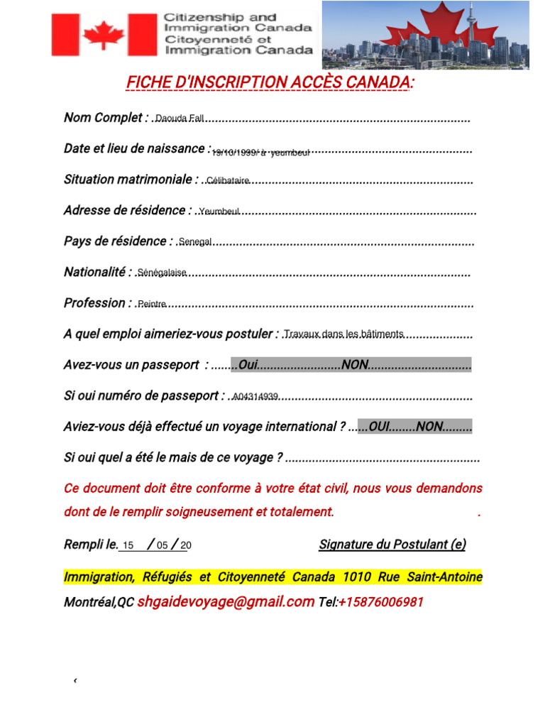 Fiche d'inscription pour emploi au Canada | PDF
