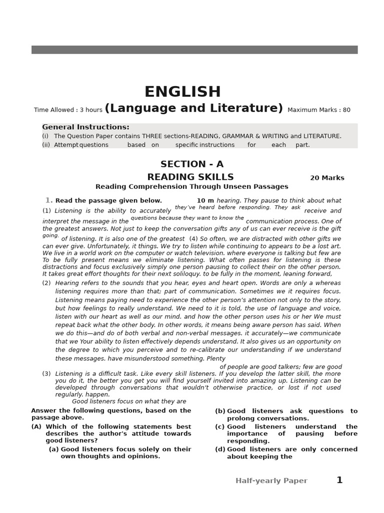 X English Half-Yearly Paper | PDF | Nonverbal Communication | Communication