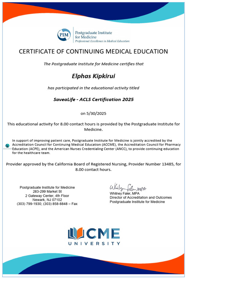 ACLS Certification CME Certificate 2025 | PDF