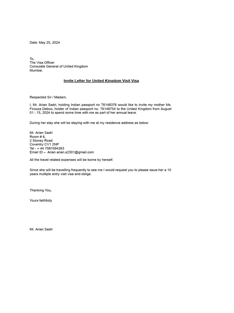 UK Visit Visa Invitation Letter | PDF