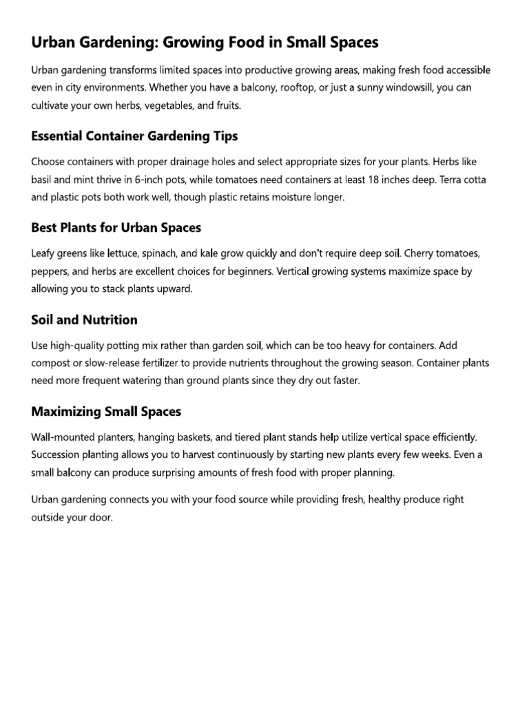Urban Gardening - Growing Food in Small Spaces | PDF