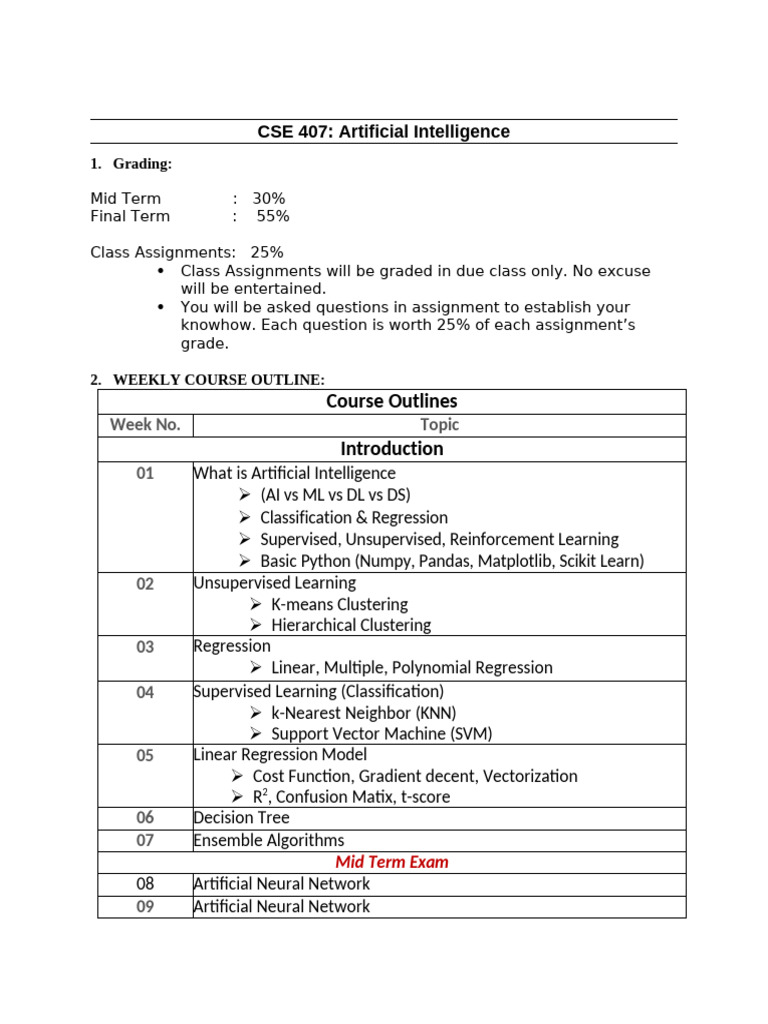 CSE 407: AI Course Outline | PDF