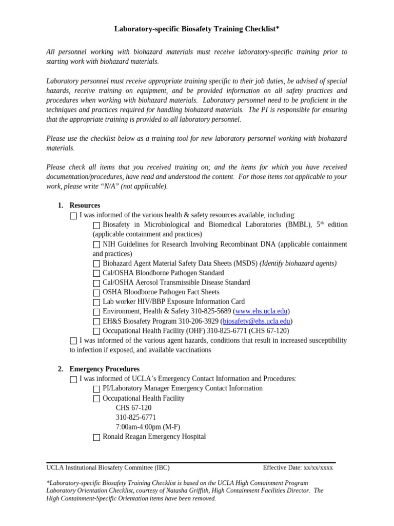 UCLA Biosafety Training Checklist | PDF | Safety | Health Sciences
