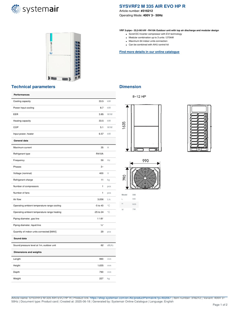 SYSVRF2 M 335 AIR EVO HP R Specs | PDF | Home Appliance | Temperature