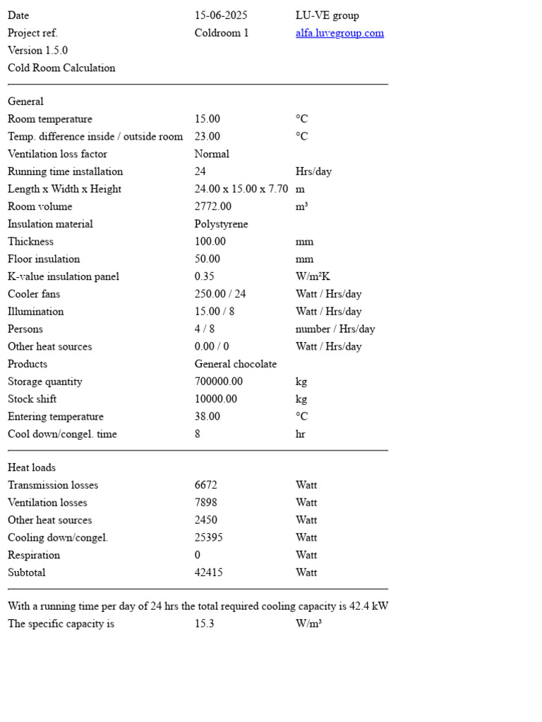 Cold Room Design Calculations | PDF