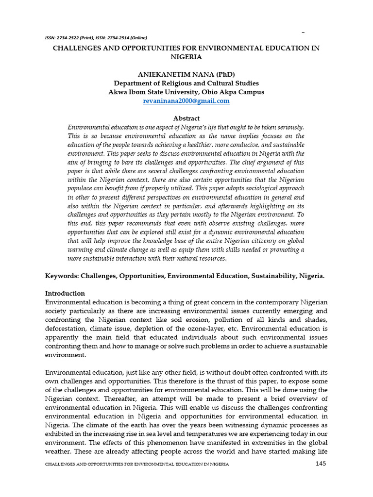 Challenges and Opportunities For Environmental Education in Nigeria ...