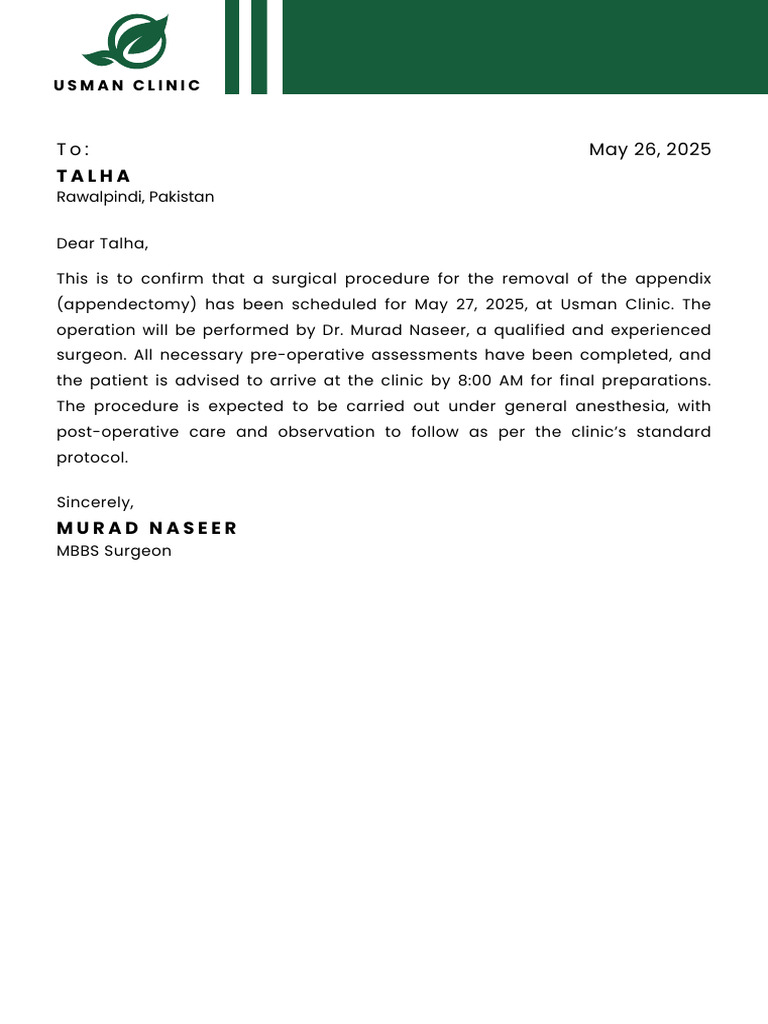 Appendectomy Scheduled for May 27, 2025 | PDF
