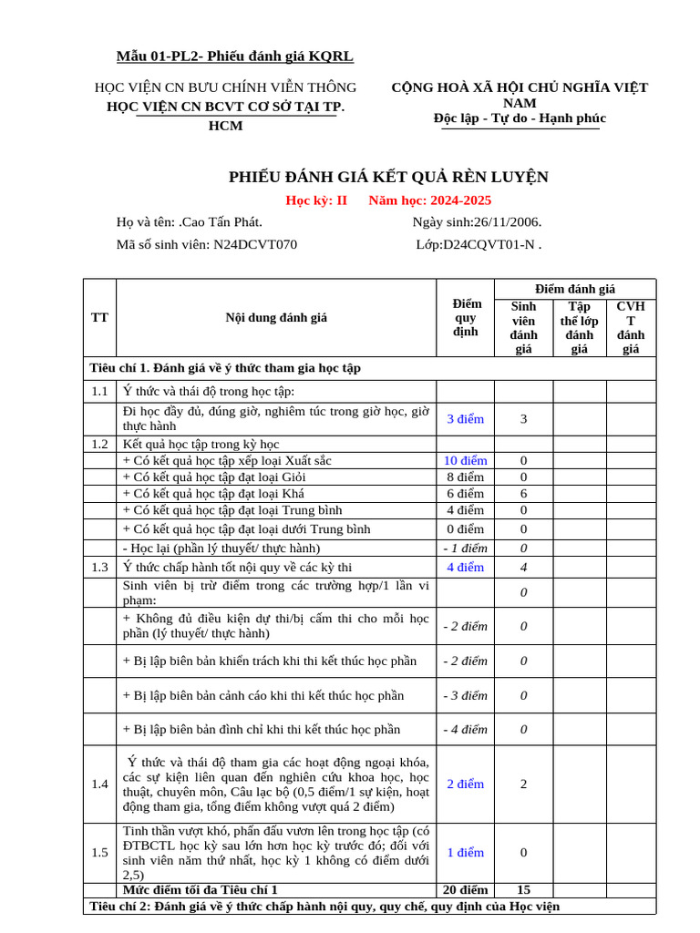 HV - Mau 1 - PL2 - Phieu Danh Gia KQRL | PDF
