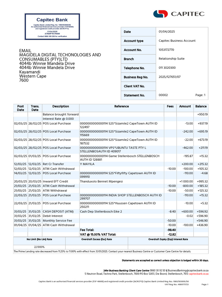 Capitec Business Account Statement | PDF | Banks | Overdraft