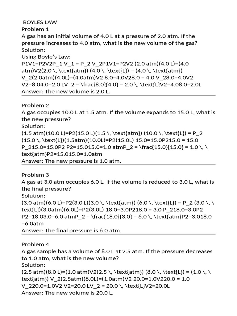 Boyle's and Charles' Law Problems Solutions | PDF | Gases | Temperature