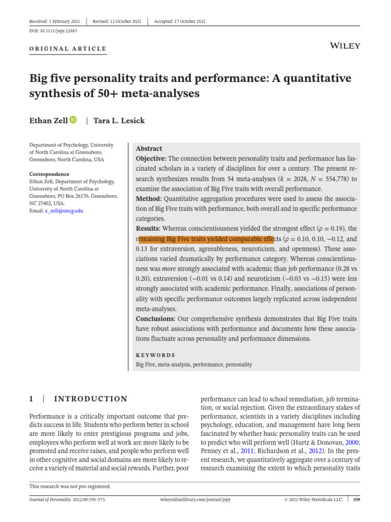 Big Five Traits and Performance Analysis | PDF | Extraversion And ...