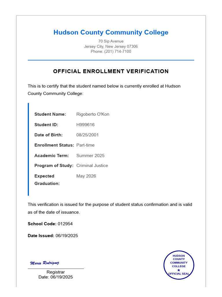 HCCC Enrollment Verification Document | PDF