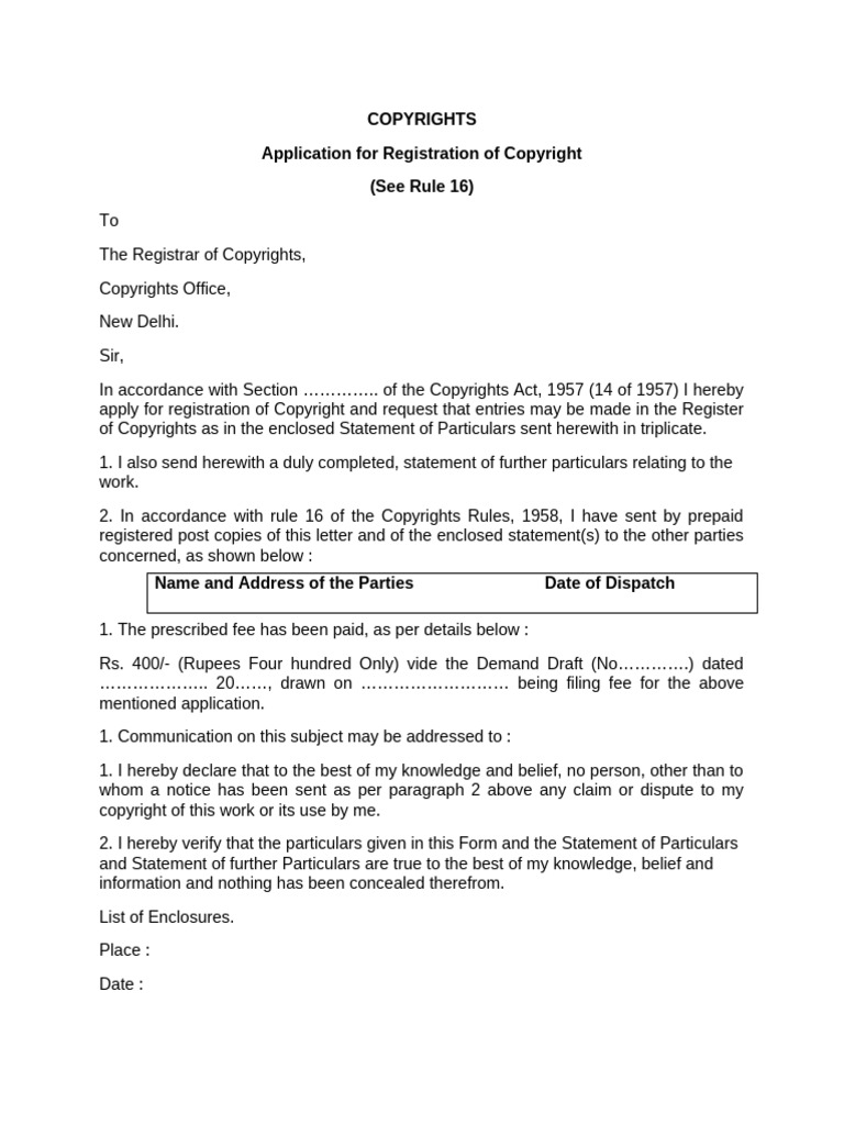 Copyright Registration Application Form | PDF | Copyright | Civil Law ...