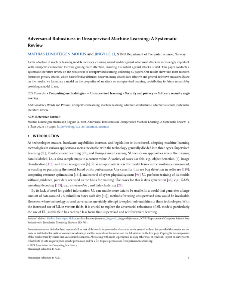 Adversarial Robustness in Unsupervised Machine Learning: A Systematic ...