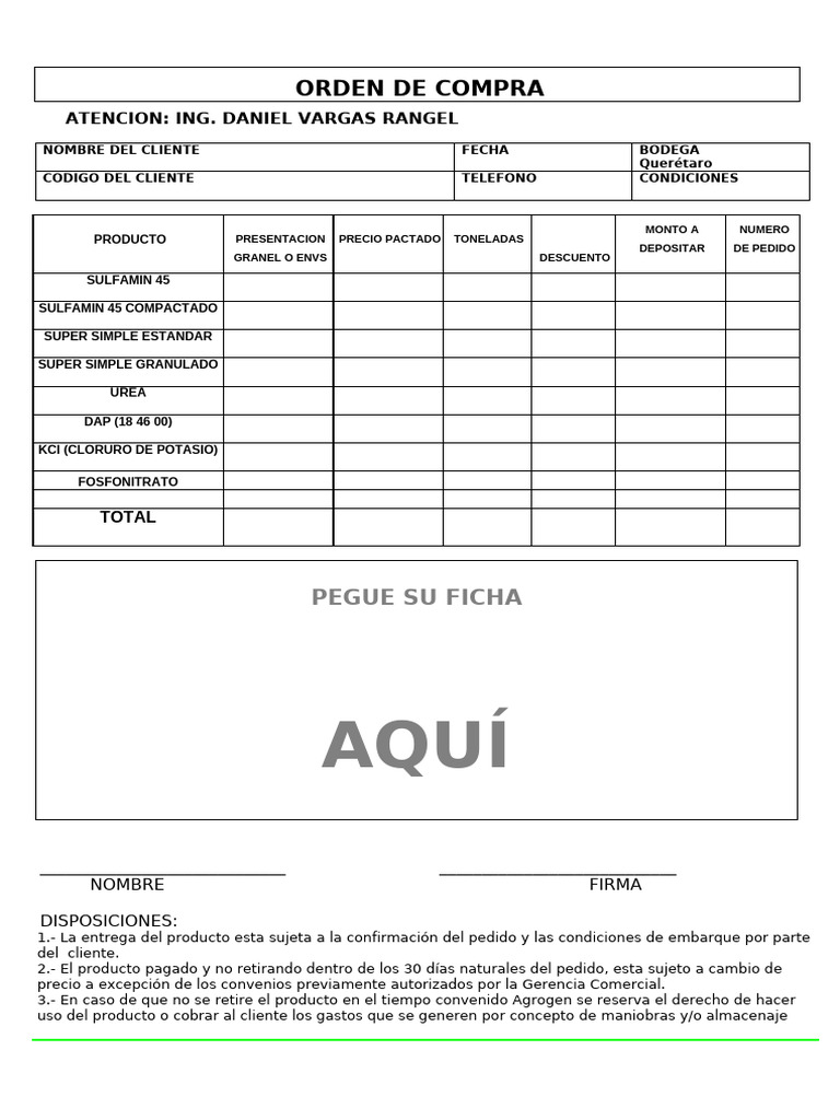 Orden de Compra de Productos Agrícolas | PDF
