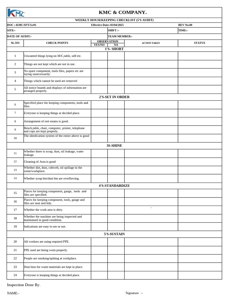 Weekly 5S Housekeeping Audit Checklist | PDF | Housekeeping