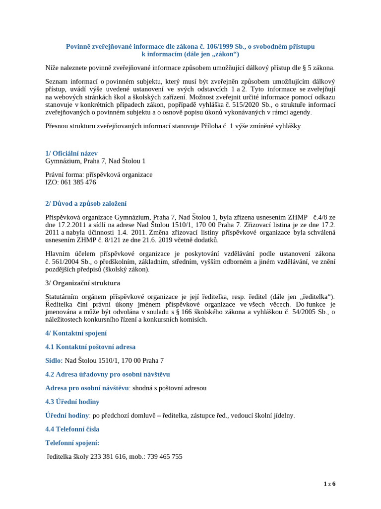 Povinně Zveřejňované Informace Dle Zákona Č. 1061999 Sb. o Svobodném ...
