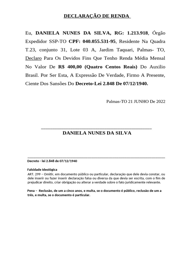 Declaração de Renda | PDF