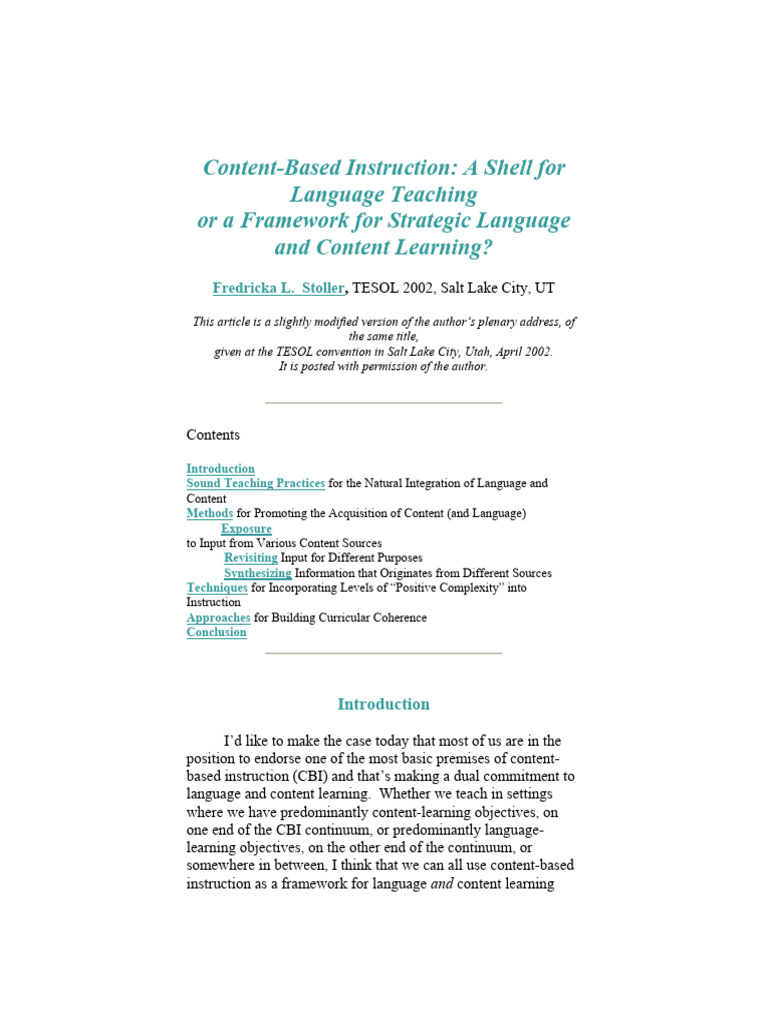 Content-Based Instruction in Language Learning | PDF | Curriculum ...