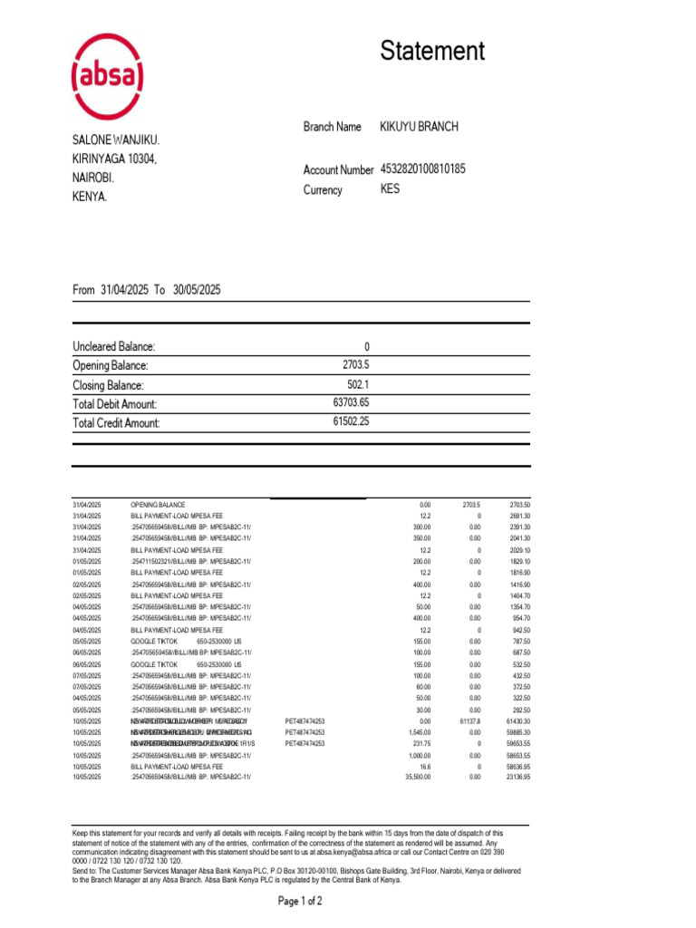 Absa Kenya Account Statement Summary | PDF | Fee | Debit Card