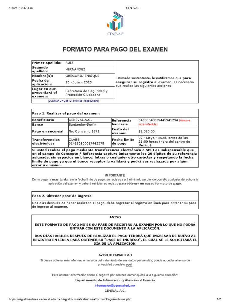 Instrucciones de Pago para Examen CENEVAL | PDF | Informática